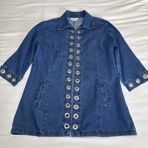 Tia Denim Blazer Jacket Womens XL Grommet Open Front Medium Wash 3/4 Sleeve EUC